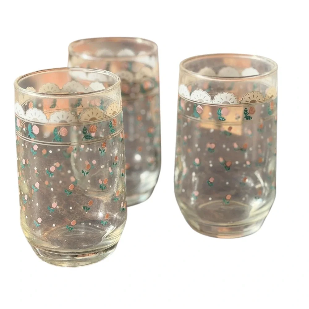 Vintage 1988 Victoriana Pink Rosebud Juice Glasses Set of 3 Floral Tumblers